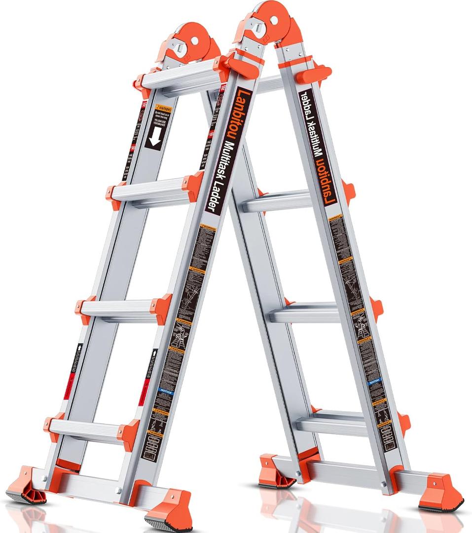LANBITOU Ladder, A Frame 4 Step Ladder Extension, 14 FT Anti-Slip Multi Position & Storage Folding Ladder, 330 lbs Security Load Telescoping Aluminum Ladders for Stairs Home Indoor Outdoor Roof