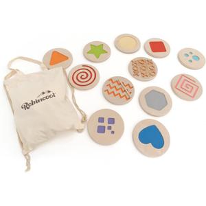 Textures Set for Baby | Geometric Shapes and Montessori Numbers in Organic Wood Playful Little Steps | Large Chips with Diameter of 20 cm | 3 in Stripe for Children + 12 Months