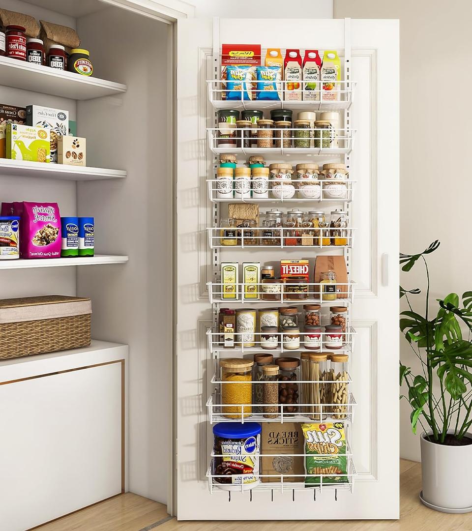 Over The Door Pantry Organizer, Wall Mount Spice Rack, Pantry Hanging Storage and Organization, 8 Adjustable Baskets Heavy-Duty Metal for Home & Kitchen, Back of Door Seasoning Rack - White (8-Tier)