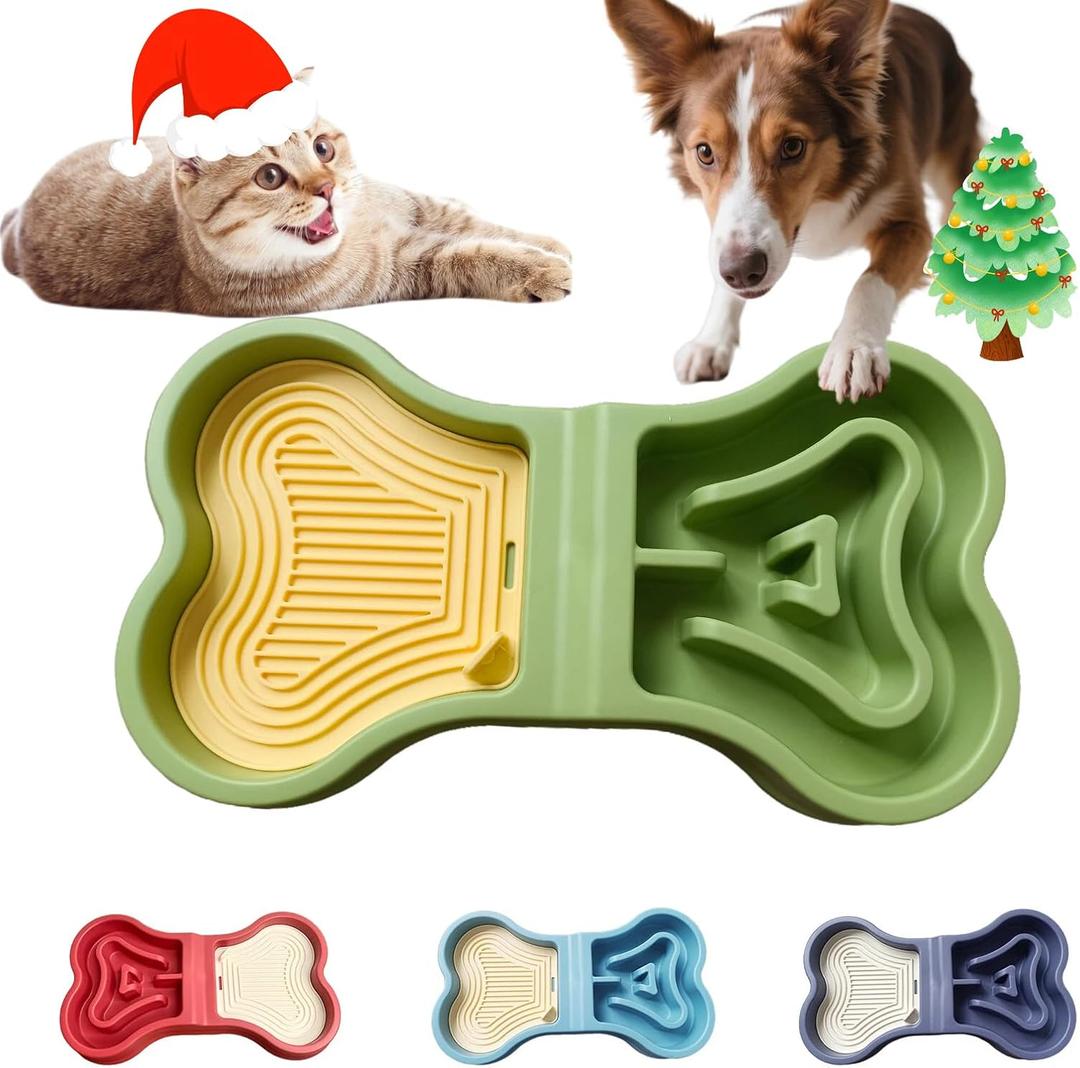LittleEdenOutpost Bone Slow Feeder Bowl for Dogs Cats - 2-in-1 Lick Mat & Water Dish with 6 Non-Slip Pads, Food-Grade PP & Silicone Pet Bowl for Anti-ChokingFun FeedingAnxiety Relief (Green)