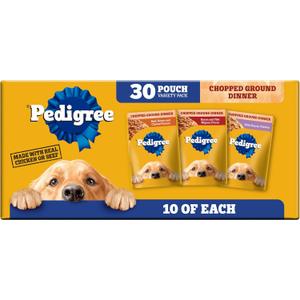 Pedigree Chopped Ground Dinner Wet Dog Food Beef & Bacon Variety Pack, (30) 3.5 oz. Pouches (EXP 10/01/26)