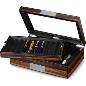Pen Display Box Ebony Wood Display Case with Glass Window and Tray - Holds Up to 20 Pens