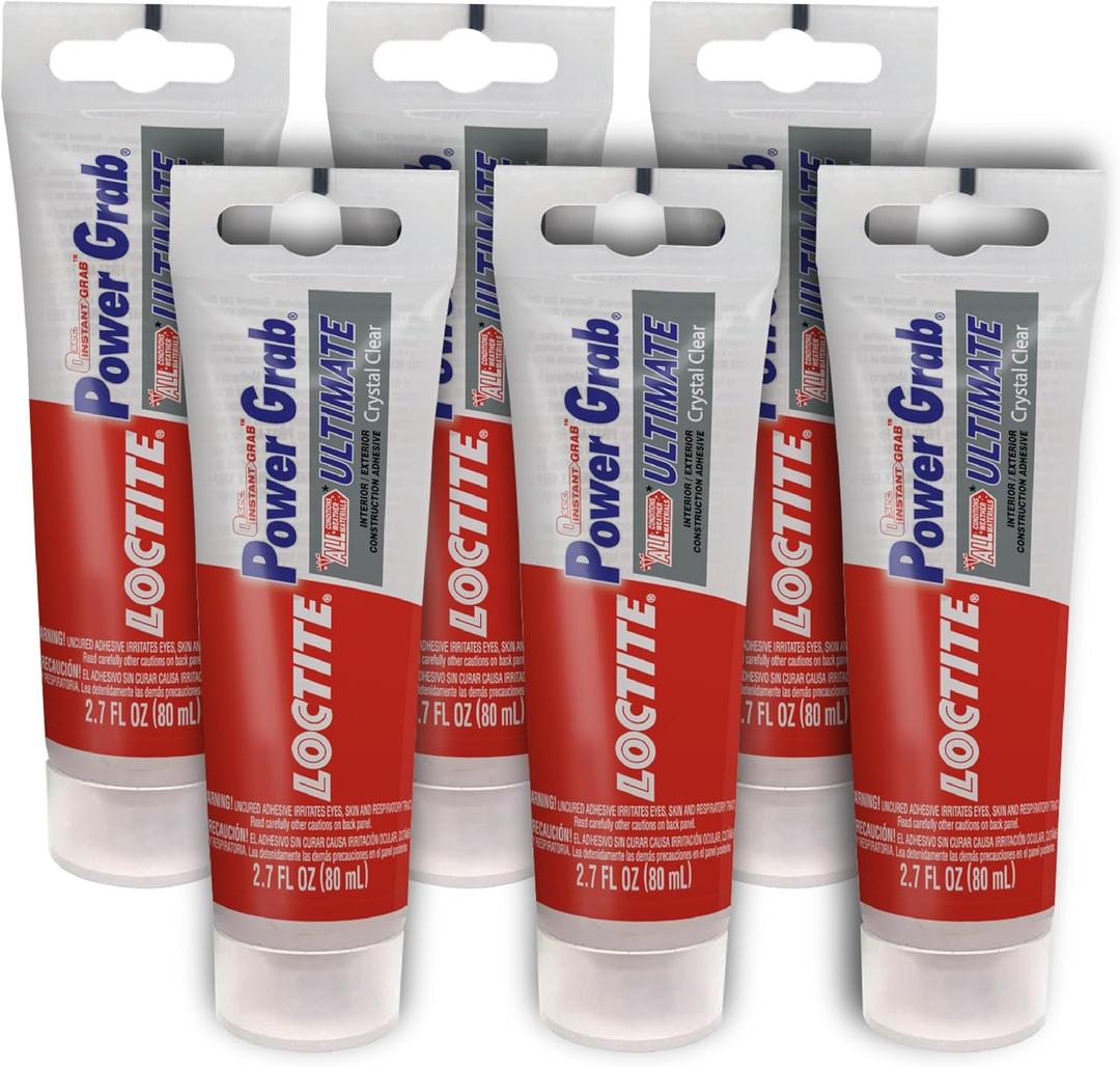 Loctite Power Grab Ultimate Crystal Clear Construction Adhesive, 2.7 fl oz Tube, 6 Pack - Versatile Construction Glue for Glass, Wood, Metal & More