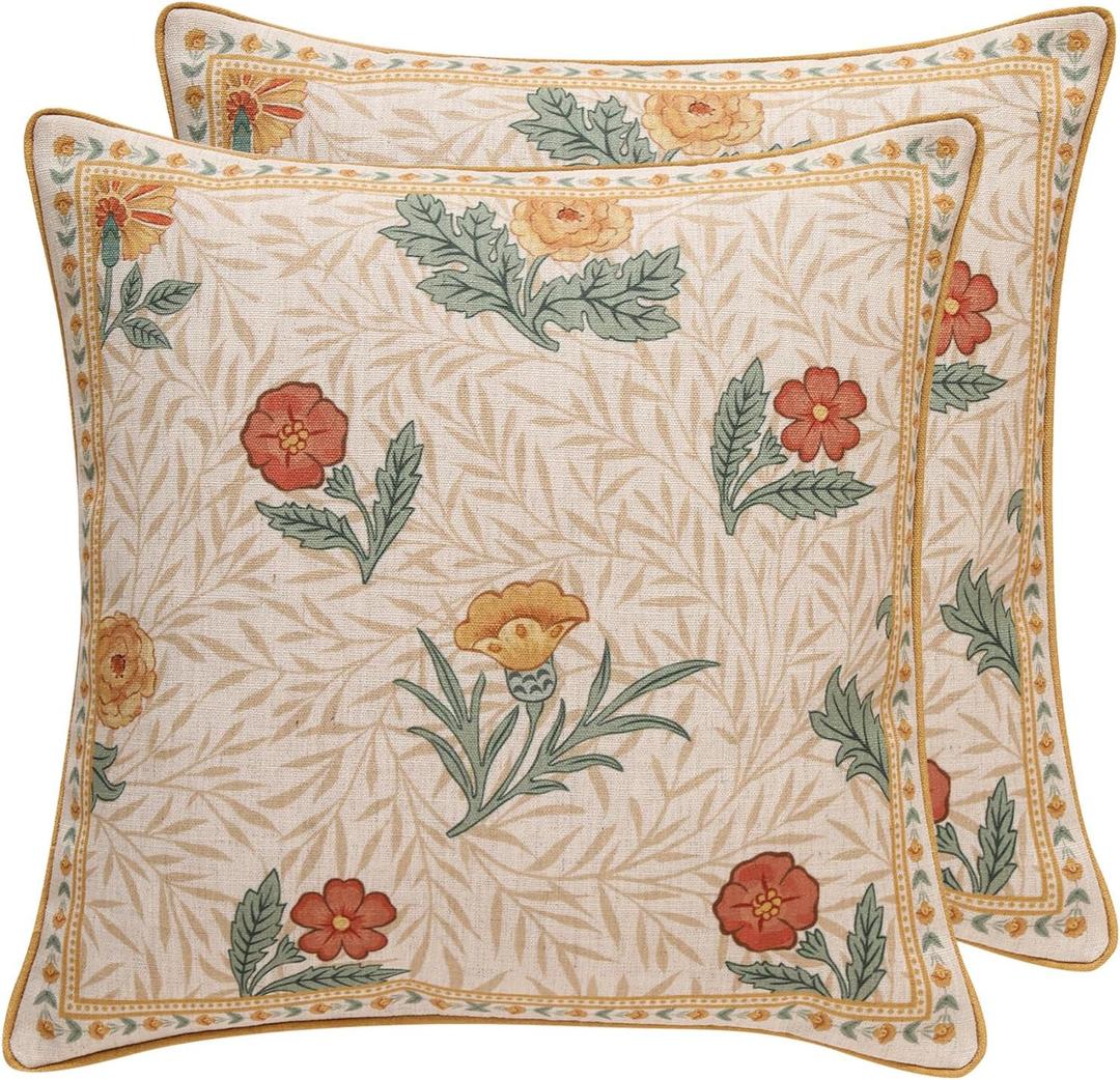 patdrea Designer Throw Pillow Covers for Couch 18"x18",Vintage French Linen Pillows Cover with Daisy Floral Pattern,Beige Soft Farmhouse Decorative Square Cushion for Bed,Outdoor,Set of 2