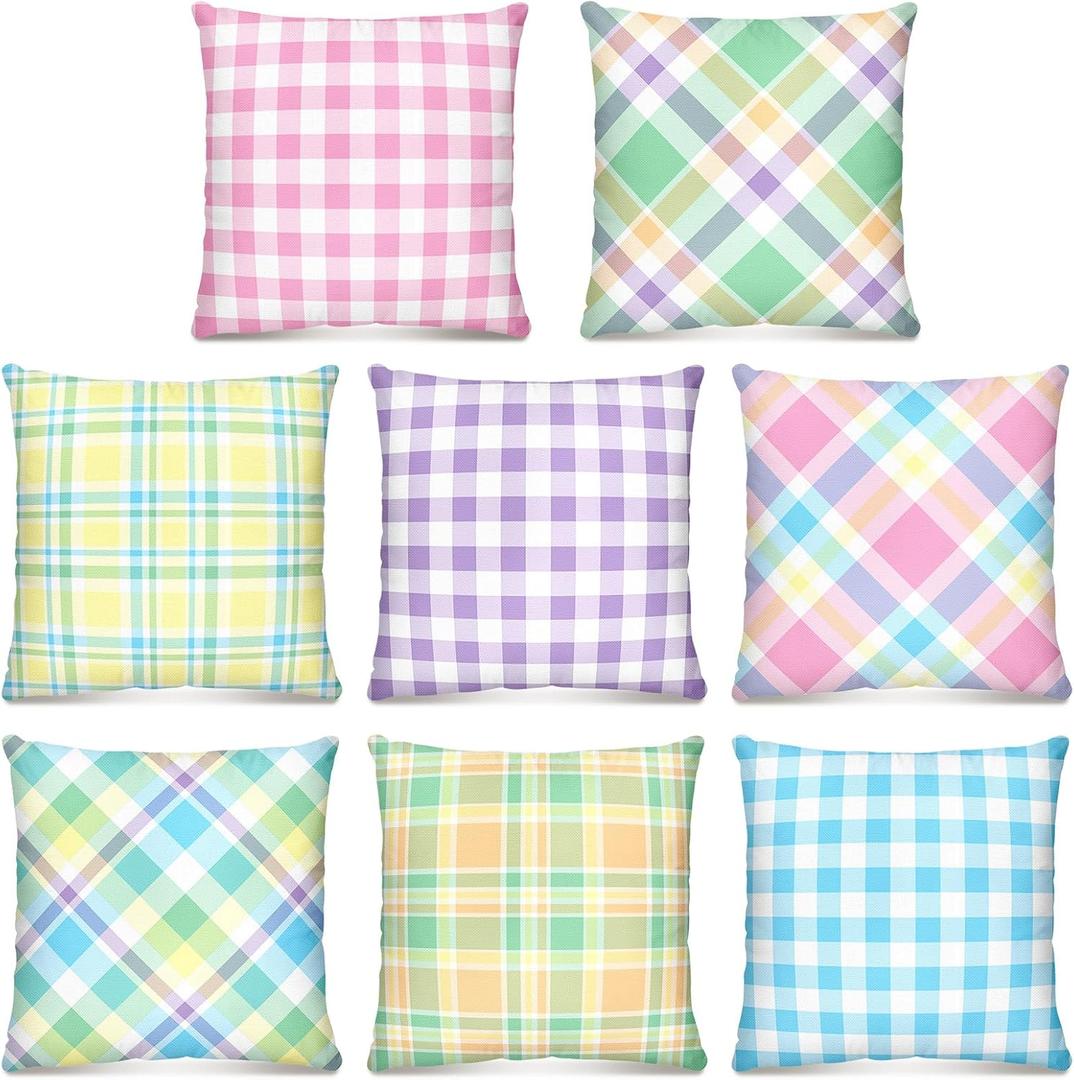 8 Pcs Easter Buffalo Check Plaid Pillow Covers 18x18 Pastel Mix Color Pillows Cases Easter Outdoor Cushion Covers Linen Square Decorative Cushion Cases with Hidden Zipper for Couch Sofa Farmhouse
