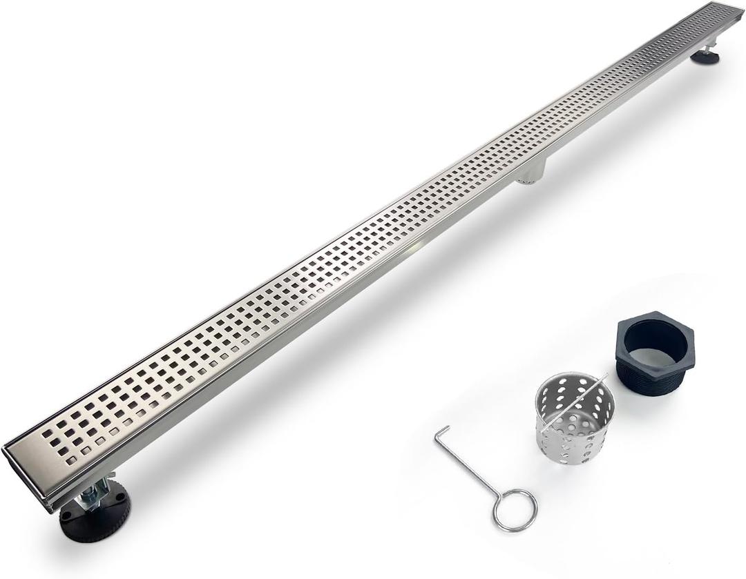 SaniteModar Linear Shower Drain, Shower Drain 60 inch with Removable Square Hole Panel, AISI Brushed 304 Stainless Steel Shower Floor Linear Drain with Adjustable Feet and Hair Catcher