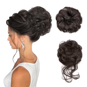 2PCS Messy Bun Hair Pieces Wavy Curly Hair Bun Synthetic Updo Hair Pieces for Women Fake Scrunchies Ponytail Extension Daily Wear Updo Donut Chignons #4 Brownish Black