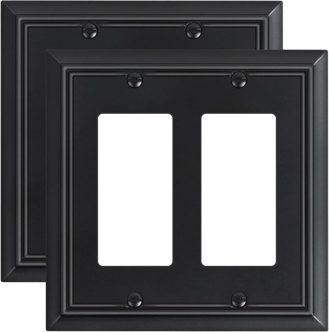 2-Pack Decorative Double Decorator Outlet Cover Plate, Matte Black Durable Natural Bamboo Fiber Wall Plates for Electrical Outlets, Receptacle, GFCI Outlet, Dimmer Switch, 2-Gang, Corrosion Resistant