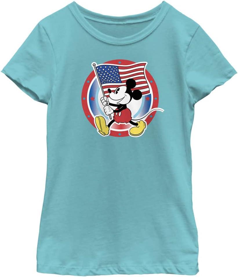 Disney Classic Mickey Flag Circle Badge Girls Short Sleeve Tee Shirt (Small, Tahiti Blue)