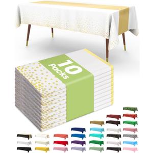 Pureegg Plastic Table Cloth Disposable 10 Pack, 54 x 108 Inch, Table Runner Style, Graduation Decorations 2026, Party Tablecloths, Rectangle, Plastic Cover, Leakproof & Sturdy, White Gold
