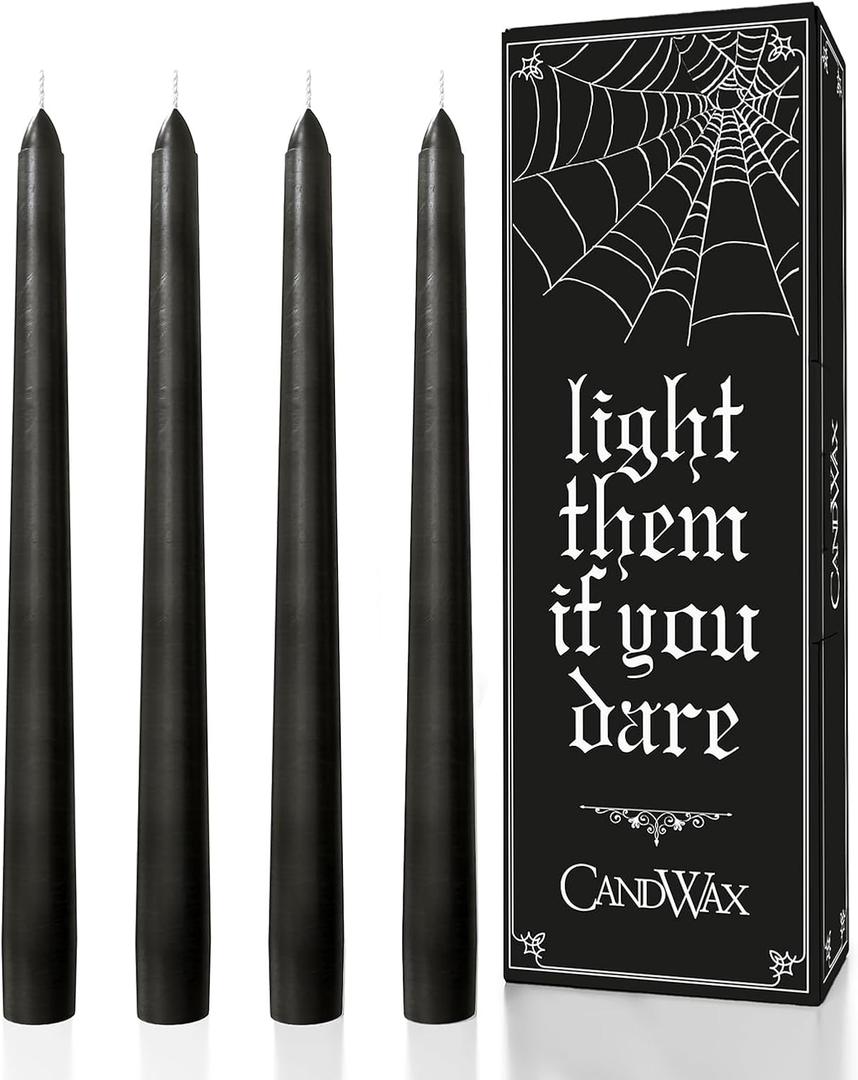 CANDWAX 12 inch Taper Coal Black Candles  Slow Burning Unscented Smokeless Dripless Tapered Candle Set of 4  Perfect for Gothic Parties and Halloween Gatherings (Packaging May Vary)