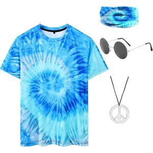 Hippie Costume for Men 60s 70s Colorful T-Shirt Outfits 4 PCS Accessories Set for Theme Party (X-Large, Blue)
