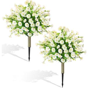 Yunlly 24" Set of 2 Artificial Topiary Ball with Fake Morning Glory Real Looking Flowers Outdoor with Spike, UV Resistant Faux Bush Shrub for Front Porch Garden Indoor Decor(White)