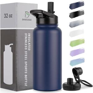 DOMICARE 32 oz Insulated Water Bottle, Vacuum Insulated Stainless Steel Sports Water Bottle with Straw Lid & Spout Lid, Leakproof, Reusable - Travel, Camping, Bike, Navy Blue