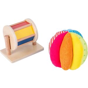 Montessori Baby Toys Play Kit Montessori Mirror Peekaboo Knob Puzzle, Medium Spinning Drum and Rainbow Fabric Ball Kit Toys for6-12Months Toddlers (Play Kit 3)