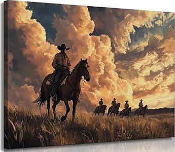 Vintage Western Cowboy Canvas Wall Art Sunset Horse Rider Poster Print Artwork Mid Century Countryside Landscape Painting Picture Wall Decor for Living Room Bedroom Home Decoration 12x16in Framed