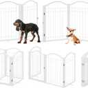 BHG Metal No-Assembly Freestanding Dog Gate with Door Walk Through, Extra Wide 80", Extra Tall 30" Pet Gate, Accordion Puppy Folding Playpen Dog Fence for Indoor & Outdoor, with 2PCS Support - White