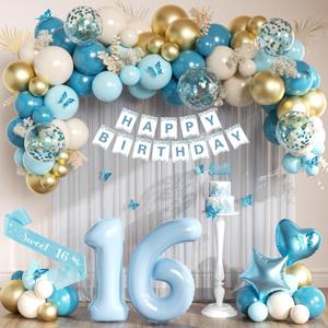 Sweet 16 Party Decorations, Light Blue 16th Birthday Decorations for Girls, Happy Birthday Banner, Sash, Number 16 and Dusty Blue Gold Sand White Balloons, Cake Topper for Sweet Sixteen Party Supplies