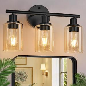 Zarbitta 3-Light Bathroom Light Fixtures, Black Modern Vanity Lights with Amber Glass Shades, Bathroom Wall Lamp for Mirror Kitchen Living Room Hallway Cabinet Porch