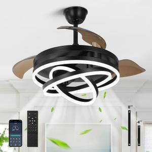 Retractable Ceiling Fan with Lights and Remote/APP Control,Dimmable,Timer Setting,6 Speed,42 Inch Modern Chandelier Ceiling Fan for Bedroom/Living Room/Kitchen/Kis Room/Patio (Black)