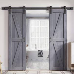 FREDBECK Gray Double 24x84 Inch Doors 48 barn Door with 8FT Barn Door Hardware Kit Included K Shape Natural Spruce DWood ouble Surfaces,Simple Assembly is Required,Grey