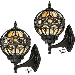 2 Pack Dusk to Dawn Globe Outdoor Wall Lights, Black Round Porch Light for Patio Garage Doorway, Anti-Rust Aluminum Waterproof Exterior Sensor Lighting Fixtures, Wall Sconce Lantern with Amber Glass, 13.1"H-2 Pack