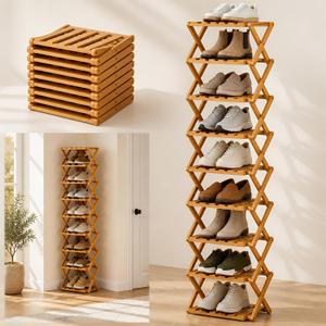 9 Tier Bamboo Shoe Rack, Foldable Narrow Shoe Organizer, Corner Shoe Rack Space Saving Vertical Shoe Storage Shelf Tower, No Assembly Closet & Entryway, Small Spaces (9-Layers), 57.87 x 10.24 x 10.24 inches