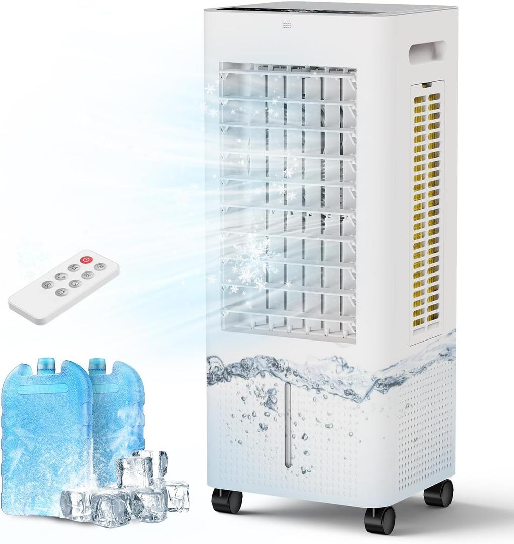 Evaporative Air Cooler Portable: Fans That Blow Cold Air for Room, Bedroom, Indoor, Office - Swamp Cooling Fan with 19ft Remote, 12H Timer, 30dB Quiet, 3 Speeds, 2.1Gal Water Tank, Ice Pack