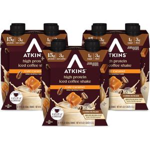 Atkins Caf Caramel Iced Coffee Flavored Protein Shake, High Protein Shake, Low Glycemic, Low Carb and Low Sugar, Keto Friendly, Gluten Free, 12 Count