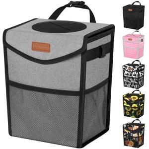 Car Trash Can with Lid, Cute Leakproof Car Trash Garbage Bag Hanging Vehicle Trash Bin Small Portable Automotive Garbage Cans Organizer for Back/Front Seat/Console(Trapezoid,Grey) (2 Gallons)