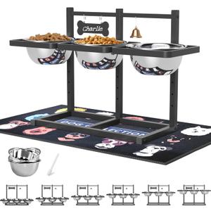 Elevated Dog Bowl Stand for Medium/Large Dogs with Slow Feeder & Mat, Adjustable Height 3.9'',5.5'',7.1'',8.7'',10.2'',11.8'', 58oz Raised Triple Dog Food Water Bowls