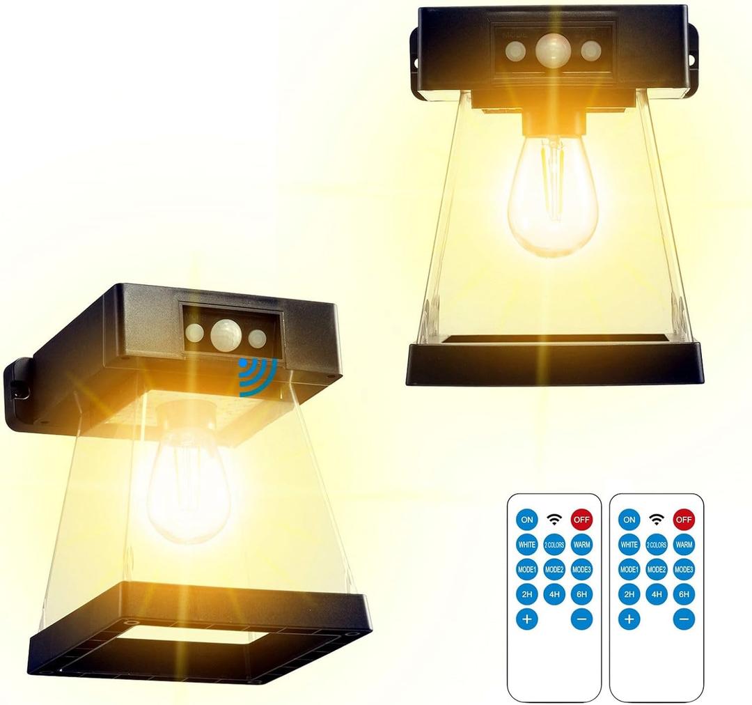 HULPPRE 2 Pack Solar Wall Lanterns Outdoor, White or Warm White Led,3 Lighting Modes Motion Sensor Solar Porch Lights, Dusk to Dawn Sconce Light, Waterproof Exterior Gate Light for Yard, Patio & More