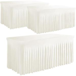 3 Pack White Table Skirt, Wrinkle-Free Spandex Table Covers 6ft, Elastic Fitted Washable Tablecloth for Rectangle Tables for Wedding, Banquet, Party, Events