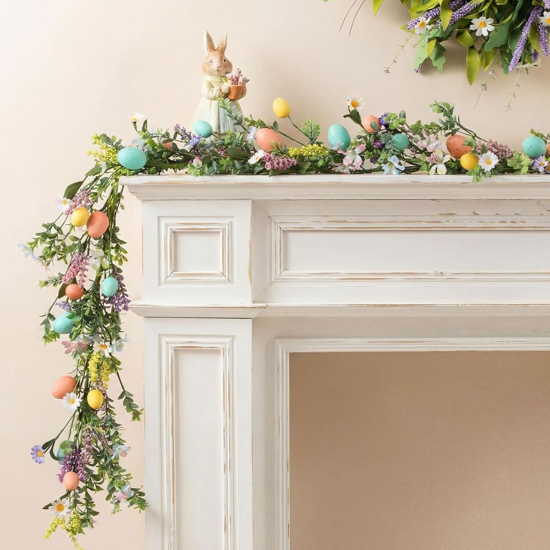 Suncalla 5 ft Easter Garland Decorations Easter Egg Garland with Lavender Flower Spring Decorations for Mantel Fireplace Indoor Wedding Party Stairs Table Home Decor