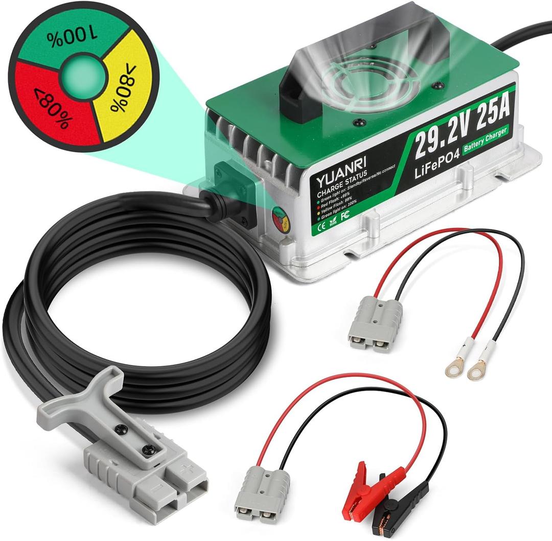 24V 25A LiFePO4 Battery Charger, IP67 Waterproof 29.2V Lithium Battery Charger, 0V Wake Up, 3-Color Indicator, Smart 25 AMP Lithium Charger for 25.6V LiFePO4 Batteries for Solar/RVs/Marine/Boat