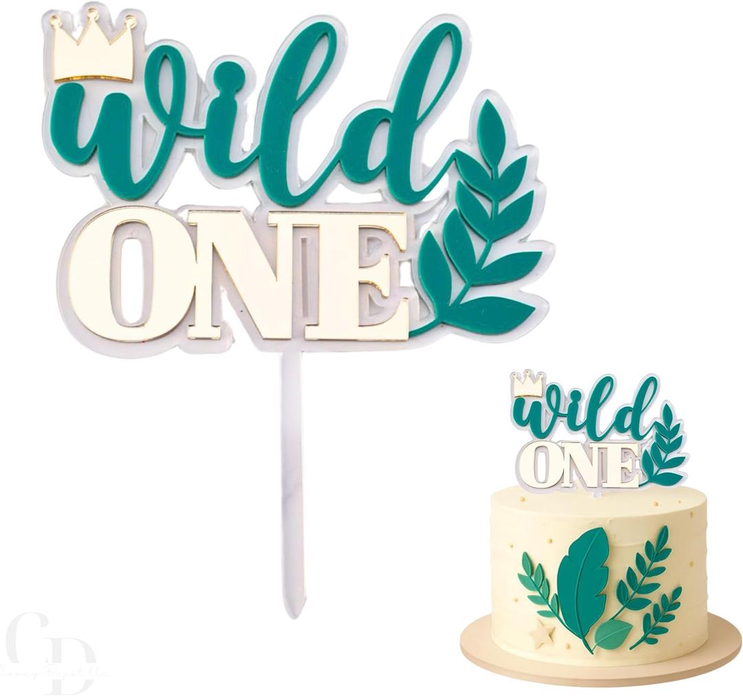 Wild One Acrylic Cake Topper, Double Layer Design Clear and Green with Gold Letters, 6.2 x 5.5 Inch