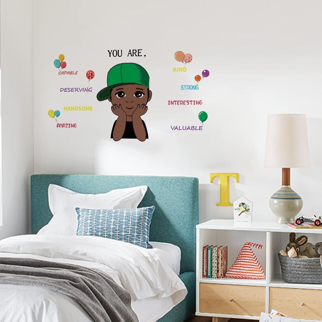 Black Boy Wall Decal Peel and Stick, Positive Inspirational Quote Wall Decals African American Wall Stickers for Boys Bedroom Playroom Classroom Kids Room Nursery Wall Decor Sticker, Kind Boy