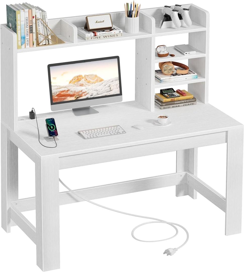 WINAZ 43" White Student Desk with Hutch and Built-in Power Outlet, 42.5"