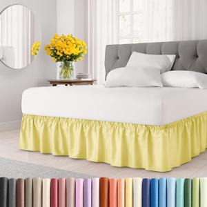 Wrap Around Dust Ruffle Bed Skirt - Yellow - for King Size Beds with 12 Inch Drop - Easy Fit Elastic Strap - Adjustable Pleated Bedskirt w/Brushed Fabric - Wrinkle Free - for Women, Men, Kids & Teens