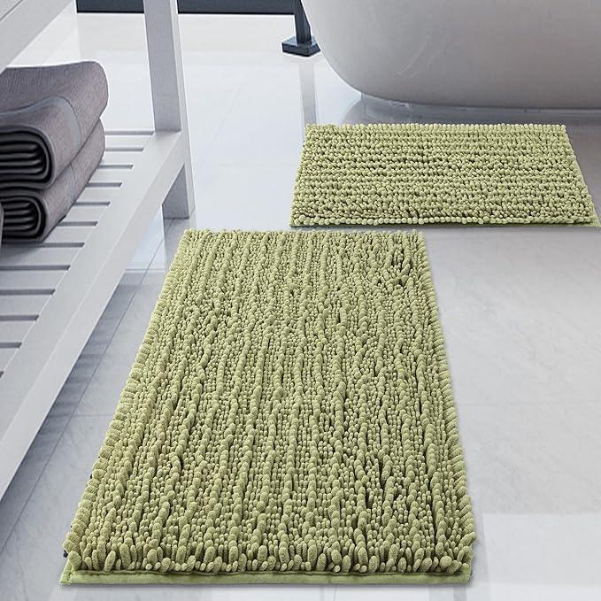 Luxury Chenille Light Sage Green Bathroom Rugs Sets 2 Piece, Thickened Hot Melt Rubber Bottom Bath Mats for Bathroom Non Slip,Bath Rugs Quick Dry Machine Washable for Shower Mat (32"x20"+17"x24")