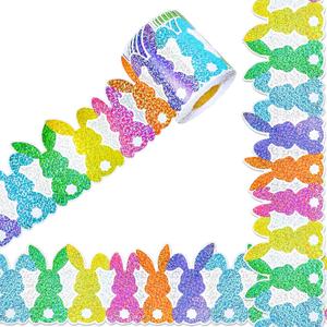 FYSUIMU 65.6 Ft Easter Bunny Holographic Bulletin Board Border Colorful Rabbit Sparkly Die Cut Border Trim Roll for Home Classroom Spring Party Wall Decoration