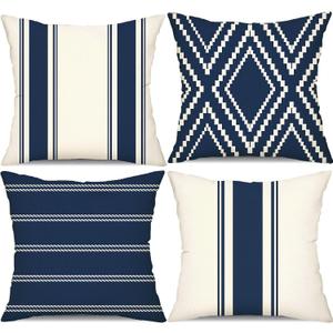 DFXSZ Outdoor Pillow Covers 18x18 Inch Set of 4 Navy Blue Waterproof Modern Geometry Throw Pillows Outdoor Summer Waterproof Decor for Patio Funiture Garden Polyester Cushion Covers 013N18