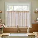 Jinchan Katy Linen Floral Kitchen Curtains 30 Inches Length Stripe Cafe Curtains Farmhouse Cottagecore Tier Small Window Drapes for Living Room Light Filtering Rod Pocket 2 Panels Blue on Linen