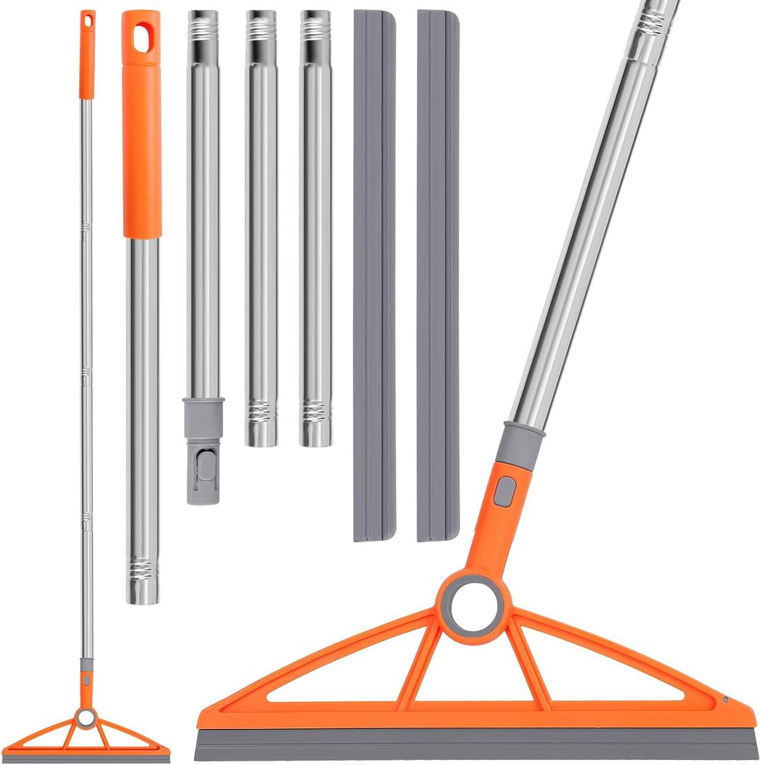 2-in-1 Air Broom, 180 Rotating 54 Inch Adjustable Silicone Rubber Broom Includes 2 Scraping Strips, Sweep and Silicone Tools with Long Handle for Cleaning Bathrooms,Glass,Tiles,Pet Hair