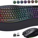 COLIKES Ergonomic Wireless Keyboard and Mouse Silent, Rechargeable Wave Keyboard with 15 Lighting RGB Backlit Effects, Soft Leather Wrist Rest, 3200 DPI Mouse for PC Computer Laptop Windows Mac