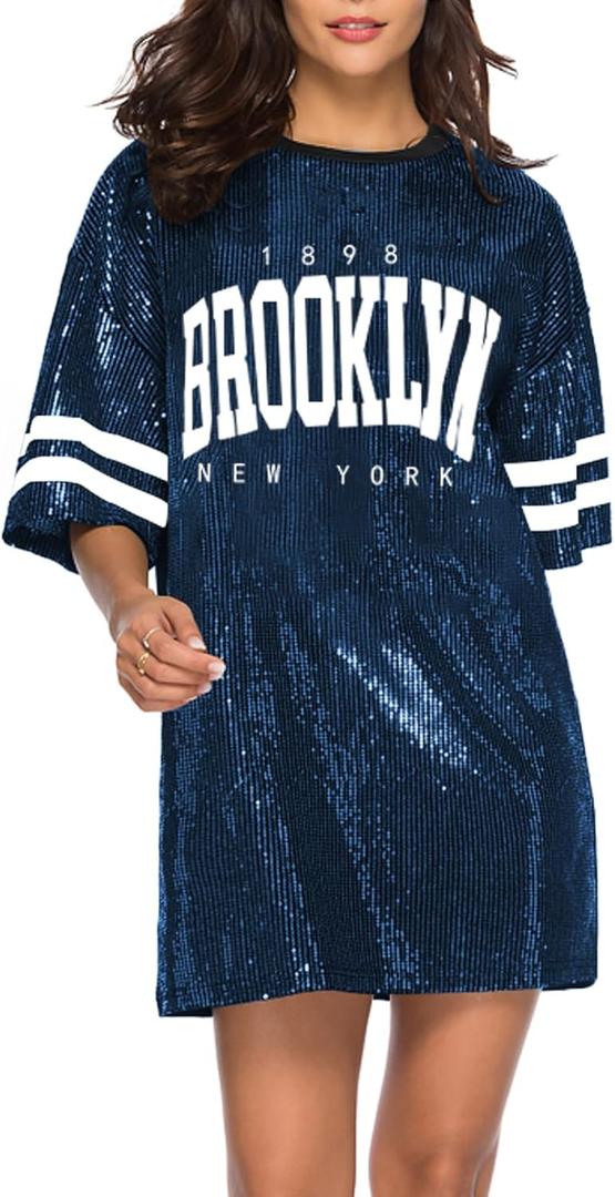 Jigfar Women's Sparkly Sequin Short Sleeve T-Shirt Dress Casual Loose Cute Tunic Blouse, S, Blue