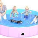 CACSPS Foldable Dog Pool, 87" x 12" Kiddie Pool with Hard Plastic, Non-Slip Dog Bath Tub for Outdoor Backyard, Collapsible Dog Swimming Pool for Kids Dogs Pets (Pink)