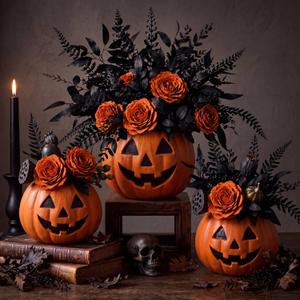 3 Pack Halloween Pumpkin Vases, 1 Large & 2 Small Fall Table Centerpieces, L5.5×4.3×3.1，s4.7×3.5×2.4