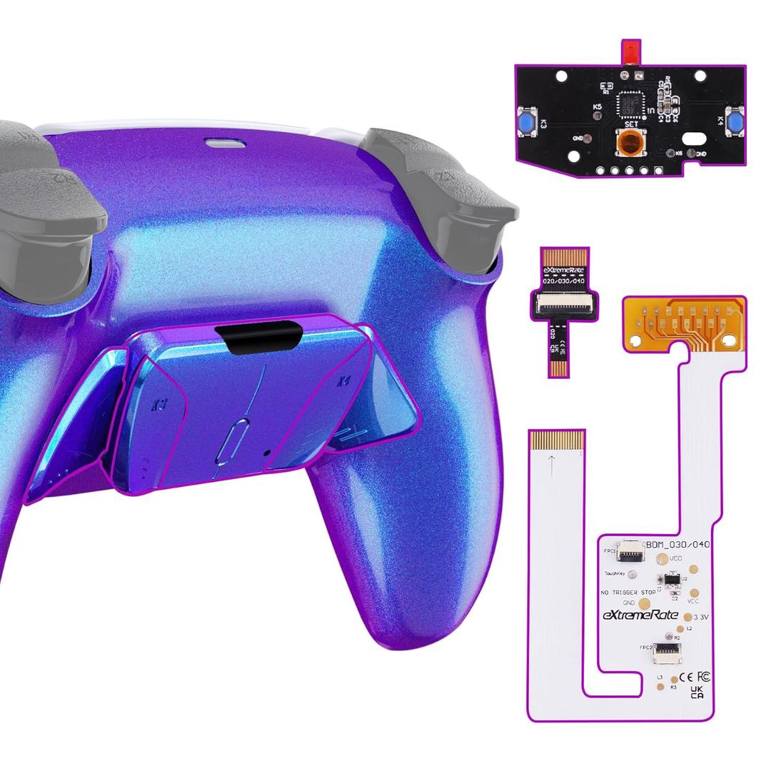 EXtremeRate Back Paddles Programable RISE4 V3 Remap Kit for PS5 Controller BDM-030 040 050 Models, Upgrade Board Chameleon Purple Blue Redesigned Bottom Shell 4 Back Buttons for PS5 Controller