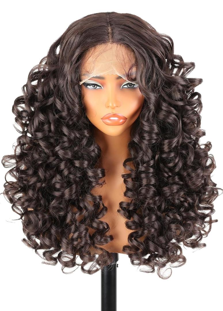 SOKU Long Curly Brown Wig, 22 Inch Glueless 13x4x1 HD Lace Front Wigs for Black Women Pre-Plucked Hairline with Baby Hair Lightweight Synthetic Curly Layered Hair Wigs(Dark Brown)